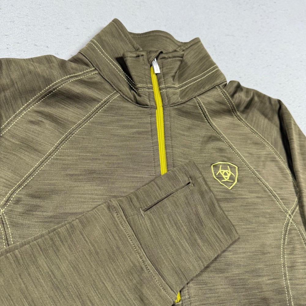 Ariat Womens AriatTEK Quarter Zip Pullover Olive Green Yellow Logo XS